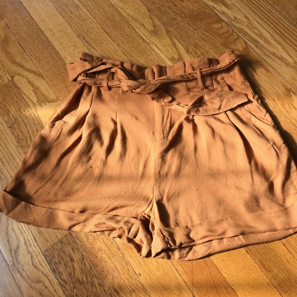Cognac High-Waist Paper Bag Shorts